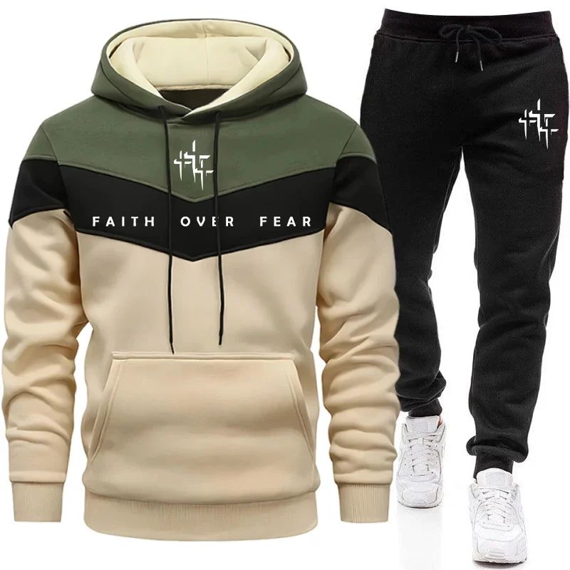 Winter Clothes - Faith Over Fear メンズ トラックスーツ フード付きスウェットシャツとジョガーパンツ