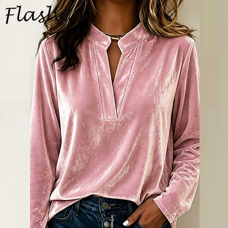 Winter Clothing Girls - ファッションベルベットブラウス女性長袖シャツ V ネック無地ルーズスウェット女性のための秋冬プルオーバー