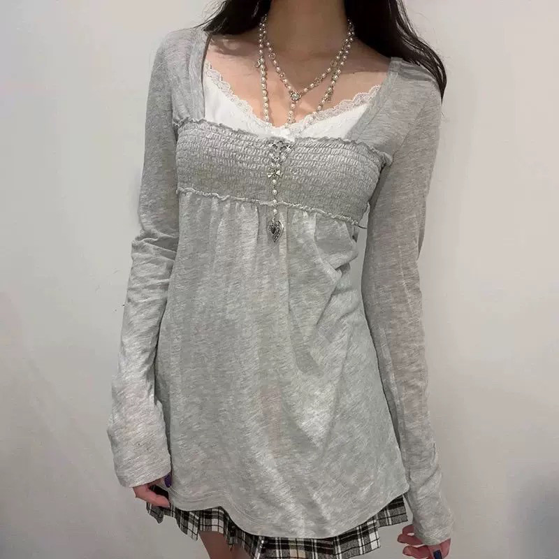 Winter Clothing Aesthetic - アメリカンレトロ レディース Tシャツ スクエアネック ニット 長袖トップス