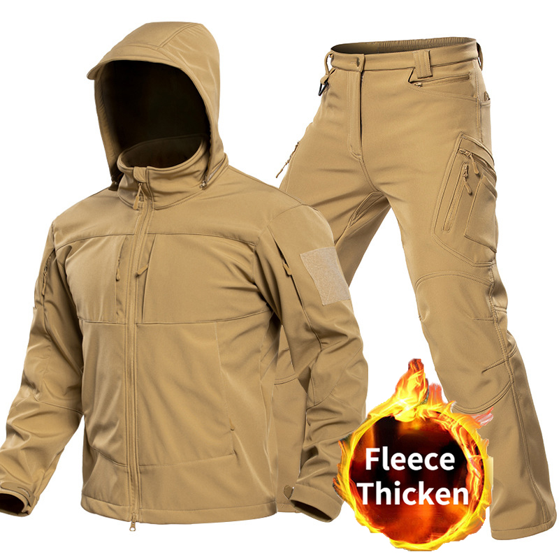 Winter Clothing Gear - 男性用アウトドアタクティカルソフトシェルスーツ フード付きフルジップジャケット カーゴパンツ 防風マルチポケットセット ハンティング・ハイキング・キャンプ用
