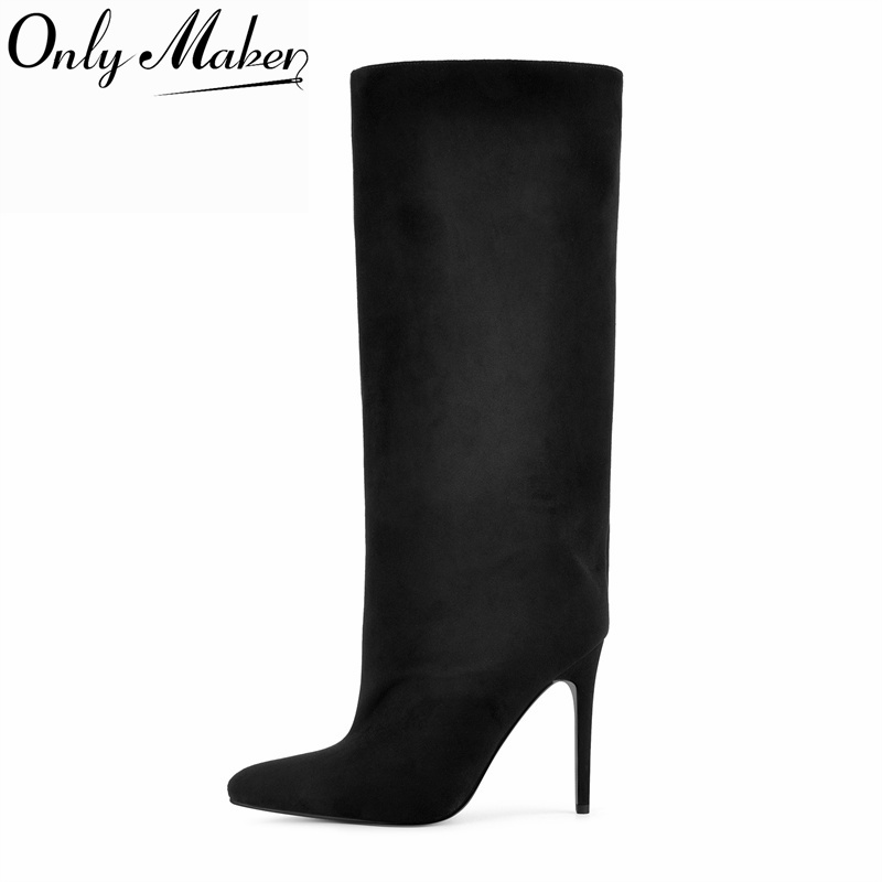 Winter Clothing Clearance Sale - Onlymaker ブラック フェイクスエード ニーハイブーツ ワイドシャフト ポインテッドトゥ