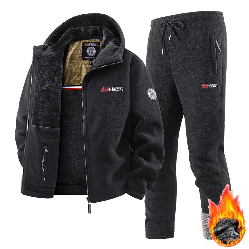 Winter Clothing Gear - 新作ウィンタースポーツウェアセット メンズ レトロトレーニング 厚手フリース フード付きジャケット+パンツ 2点セット