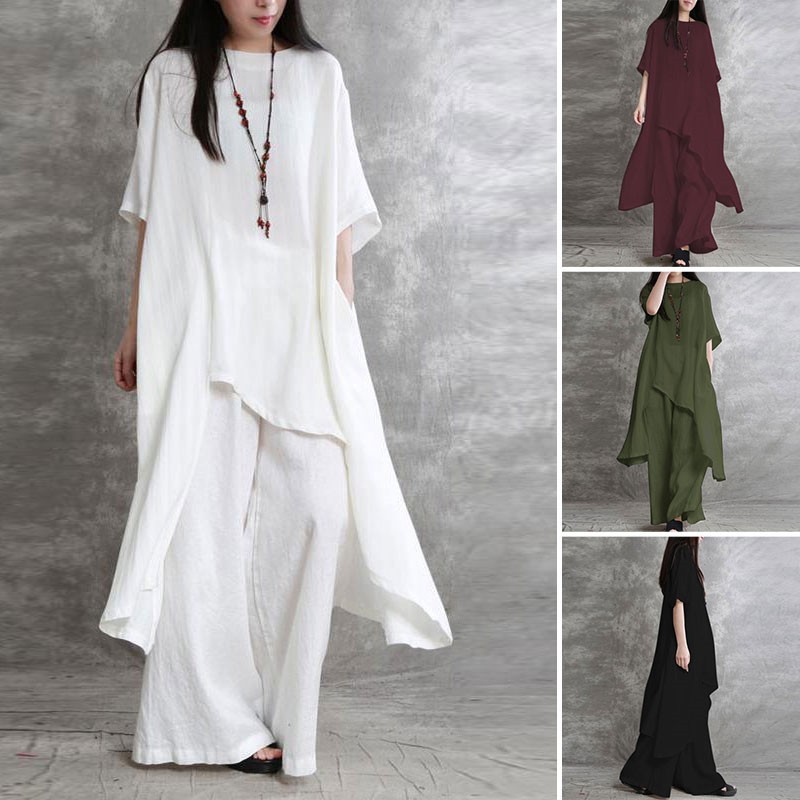 Winter Clothing Girls - 女性用コットンとリネンのスポーツウェア,半袖スーツ,ラウンドネックトップ,ワイドレッグパンツ,カジュアルウェア,ラージサイズ,2個セット