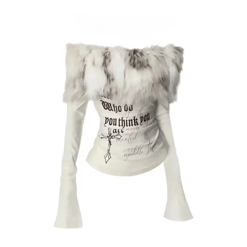 Winter Clothing Aesthetic - ヴィンテージ Y2k 毛皮の襟 Tシャツ女性 2000 年代の美学オフショルダートップス日本原宿レタープリント長袖