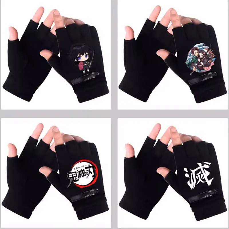 Winter Clothing Girls - アニメデーモンスレイヤー学生ハーフフィンガーグローブ新しい冬男性女性指なし暖かいニット手袋屋外自転車手袋