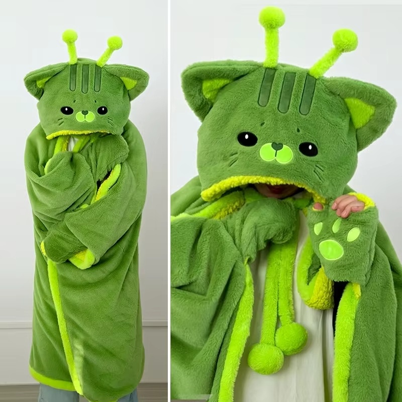 Winter Clothing Girls - 漫画風のかわいい宇宙猫のフード付きブランケットぬいぐるみマント、冬用グリーンフランネル着用可能ローブ、手袋付き、自宅オフィスでの昼寝用、女の子へのプレゼント