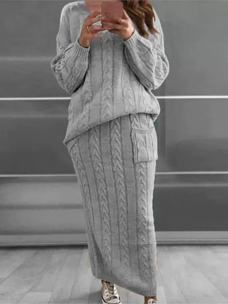 Winter Clothing Girls - レディースファッションニットセーターセット、カジュアル長袖Oネックプルオーバートップス＆スカートの2点セット、女性用ホリデー向け新作婦人服