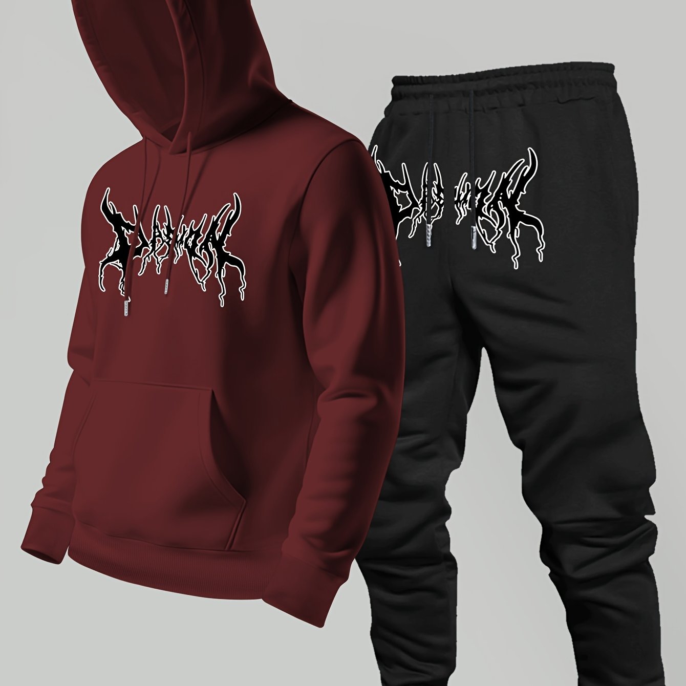 Winter Clothing Brand - ストリートトレンドブランドのプリント入りフード付きスウェットシャツとドローストリングパンツ、カジュアルスポーツトップ、ロングパンツセット、メンズ衣料セット