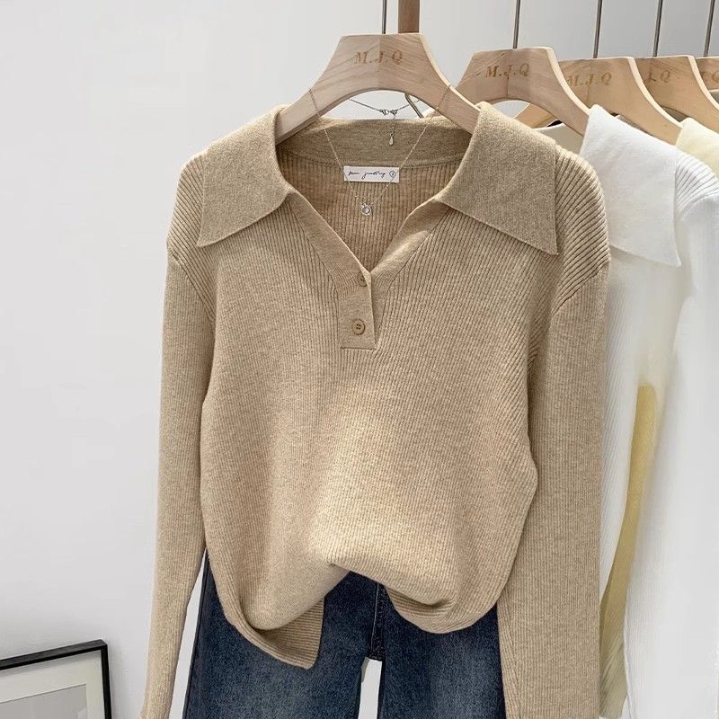 Winter Clothing Wholesale - ポロ襟ニットセーター レディース プルオーバー カジュアル ボタンフロント 長袖