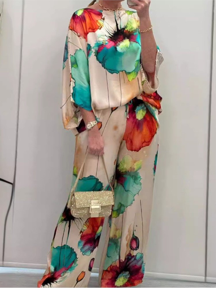 Winter Clothing Girls - 女性用のスラッシュカラーの長袖トップスとシャツセット,エレガントなプリントスーツ,オフィス,パーティー,休暇,春秋,新しいファッション,2個