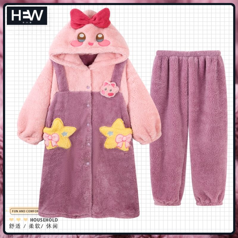Winter Clothing Girls - 女性用カートゥーン柄コーラルベルベットパジャマセット、キュートなカービィ柄フード付きローブ、秋冬用厚手暖かいホームウェア、ホリデーギフト