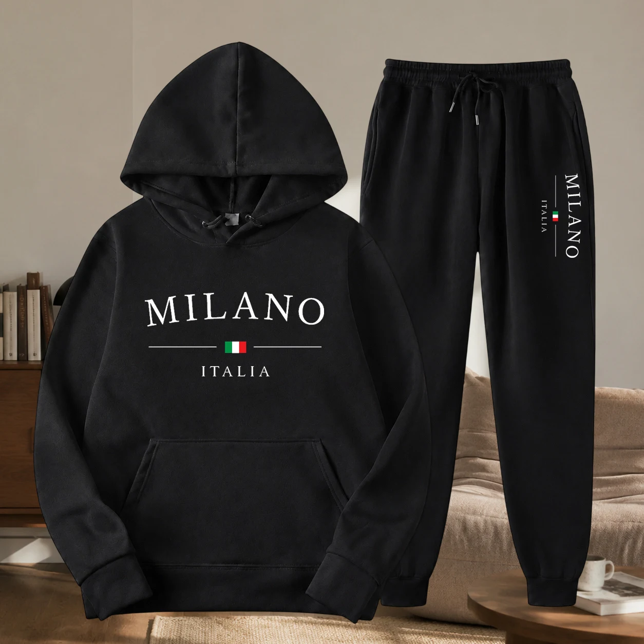 Winter Clothing Brand - ファッションブランドのロゴがプリントされた、上下2点セットのプルオーバーパーカーとパンツのスポーツスーツ。メンズおよびレディースのカジュアルウェアセット。