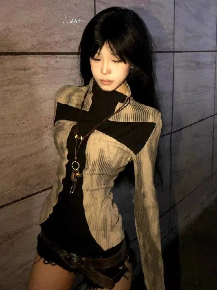 Winter Clothing Aesthetic - 日本のヴィンテージ Y2k トップス原宿レトロクロスプリント Tシャツゴシック美学パッチワーク Tシャツアメリカ 2000