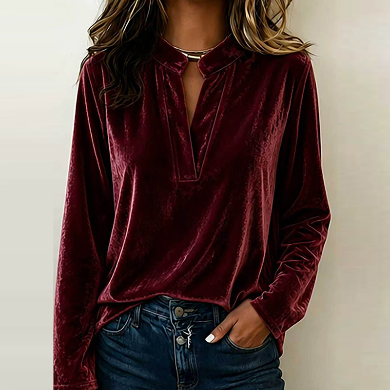 ファッションベルベットブラウス女性長袖シャツ V ネック無地 - Winter Clothing Girls のレビューと価格