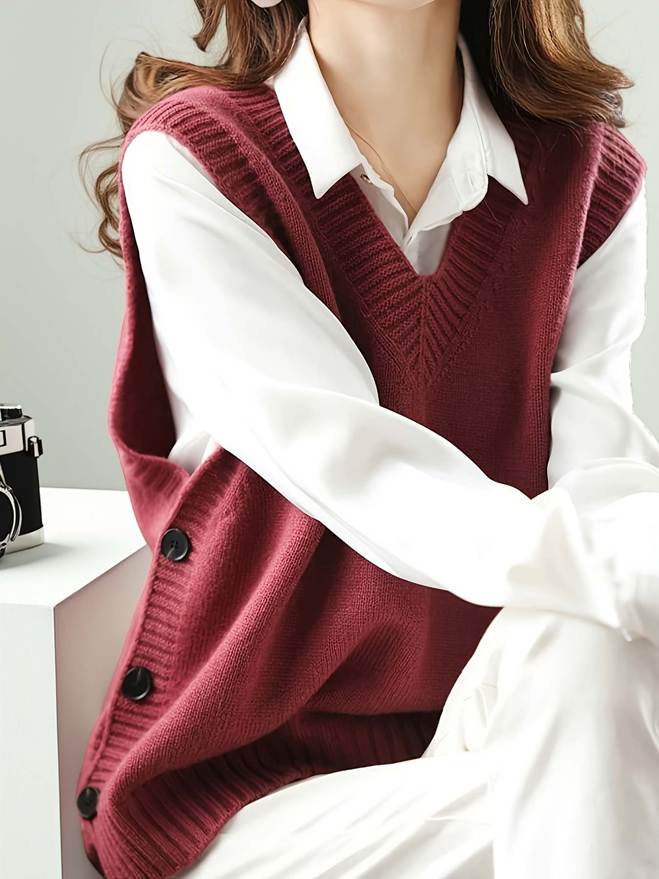 レディース秋冬Vネック無地ニットセーターベスト、ハイロー裾サ - Winter Clothing Wholesale のレビューと価格