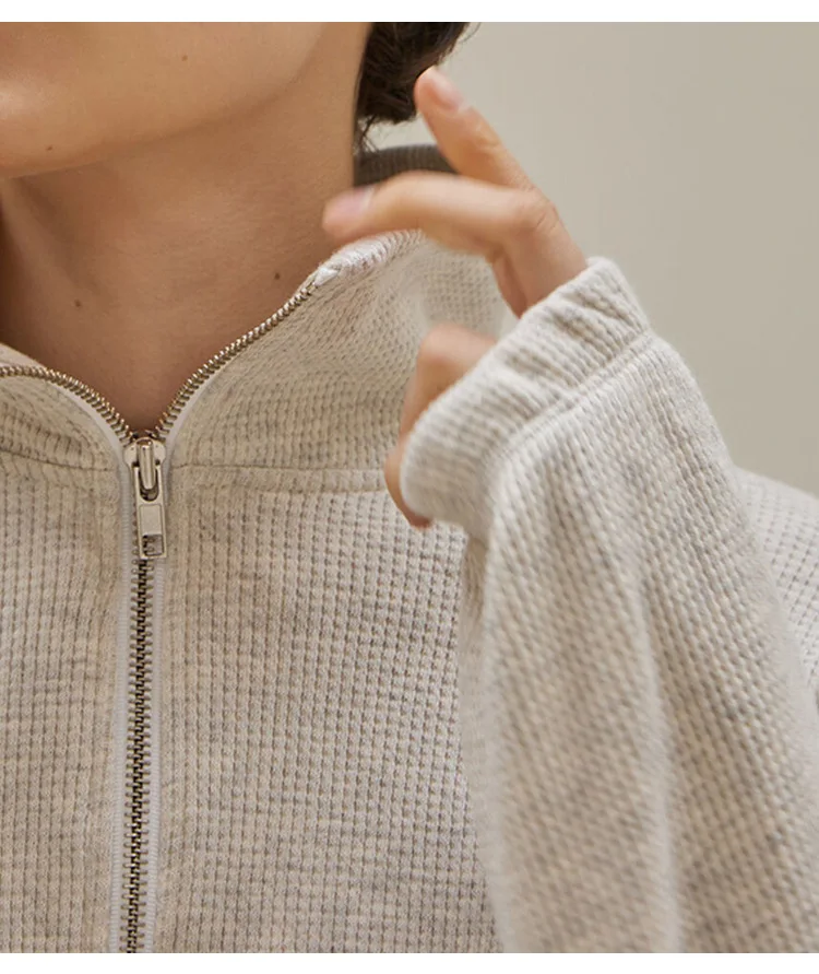 女性用コットンワッフルジップアップパーカー、ニット長袖トップ - Winter Clothing Aesthetic のレビューと価格