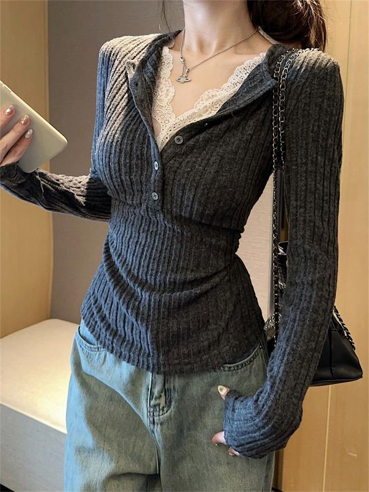 女性のトップレースパッチワーク長袖 Tシャツベースシャツファ - Winter Clothing Aesthetic のレビューと価格