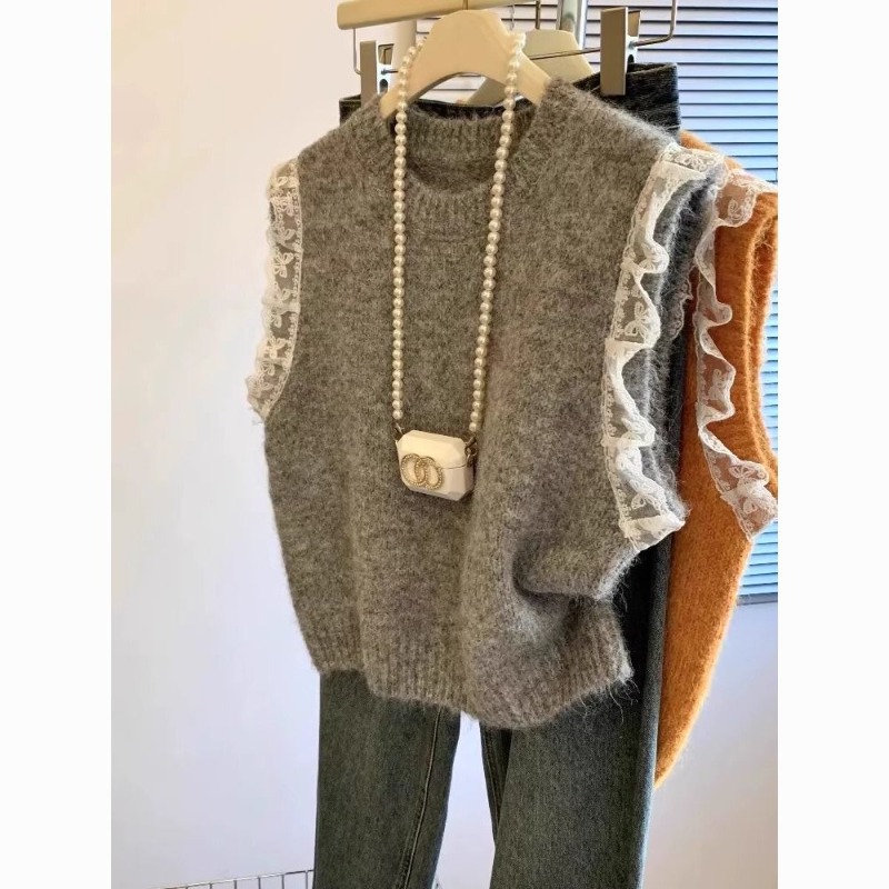 女性セーターベストレトロパッチワークレースニットソリッドルー - Winter Clothing Wholesale のレビューと価格